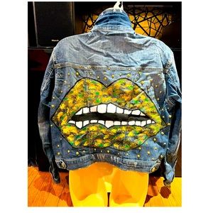 Hand painted unique one-of-a-kind camo color lip jean jacket